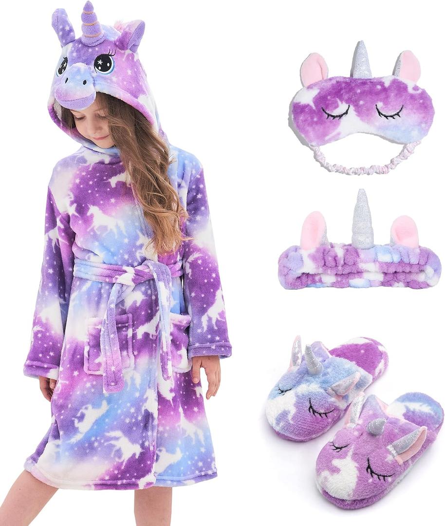 Soft Unicorn Hooded Robe with Matching Slippers Headband and Blindfold for Girls, Purple 4-5T