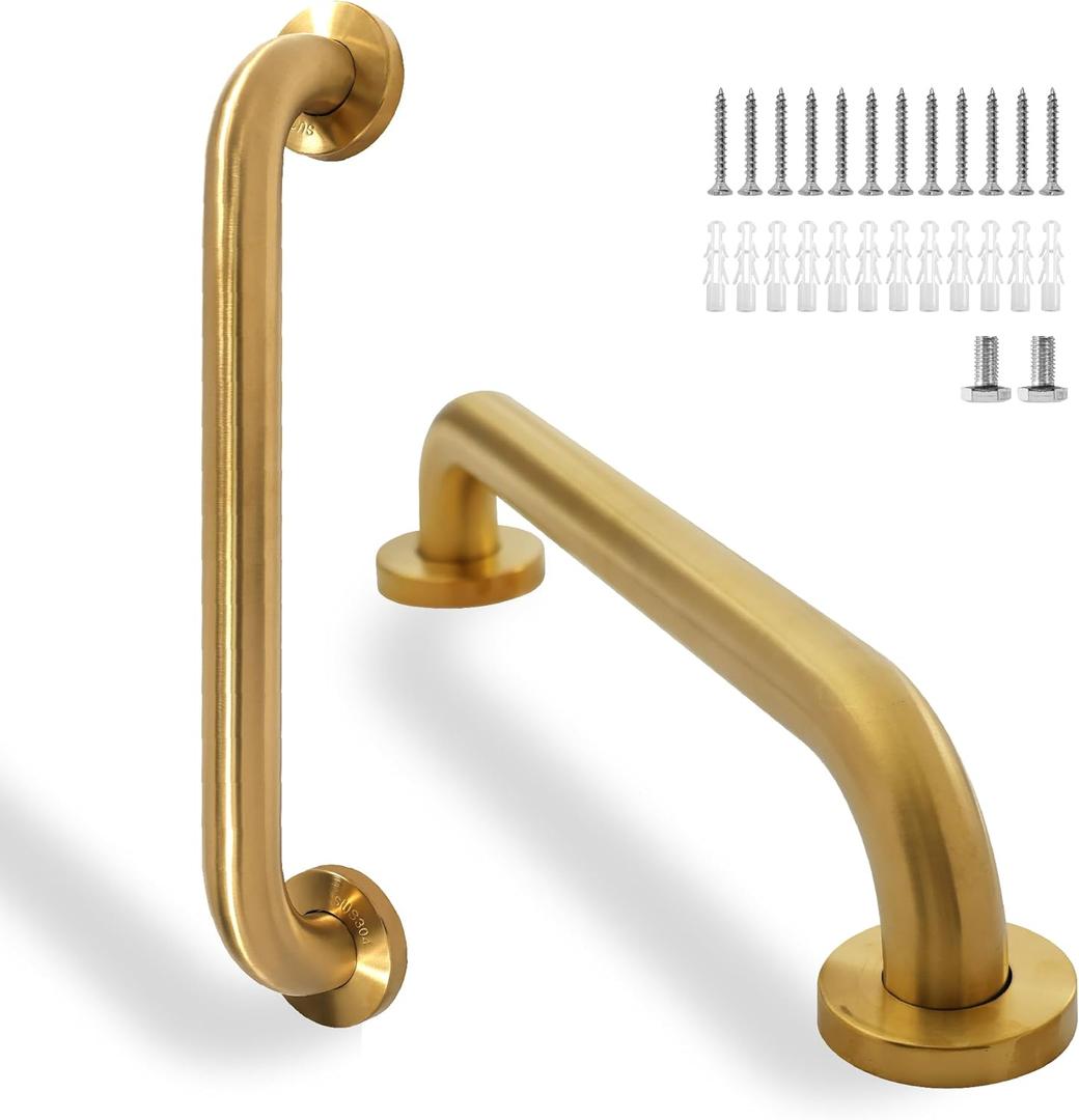 Rackickyer Shower Grab Bar, 2 Pack 16 Inch Gold Bathroom Safety Bar, 1.25" Diameter 304 Stainless Steel Grab Bars for Bathtubs and Showers, Handicap Shower Grab Bar for Seniors Elderly