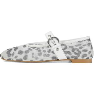 Dsevht Mesh Ballet Flats for Women Round Toe Mary Jane Buckle Strap Comfy Casual Office Fishnet Ballerina Flat Dress Shoes White Leopard US 9