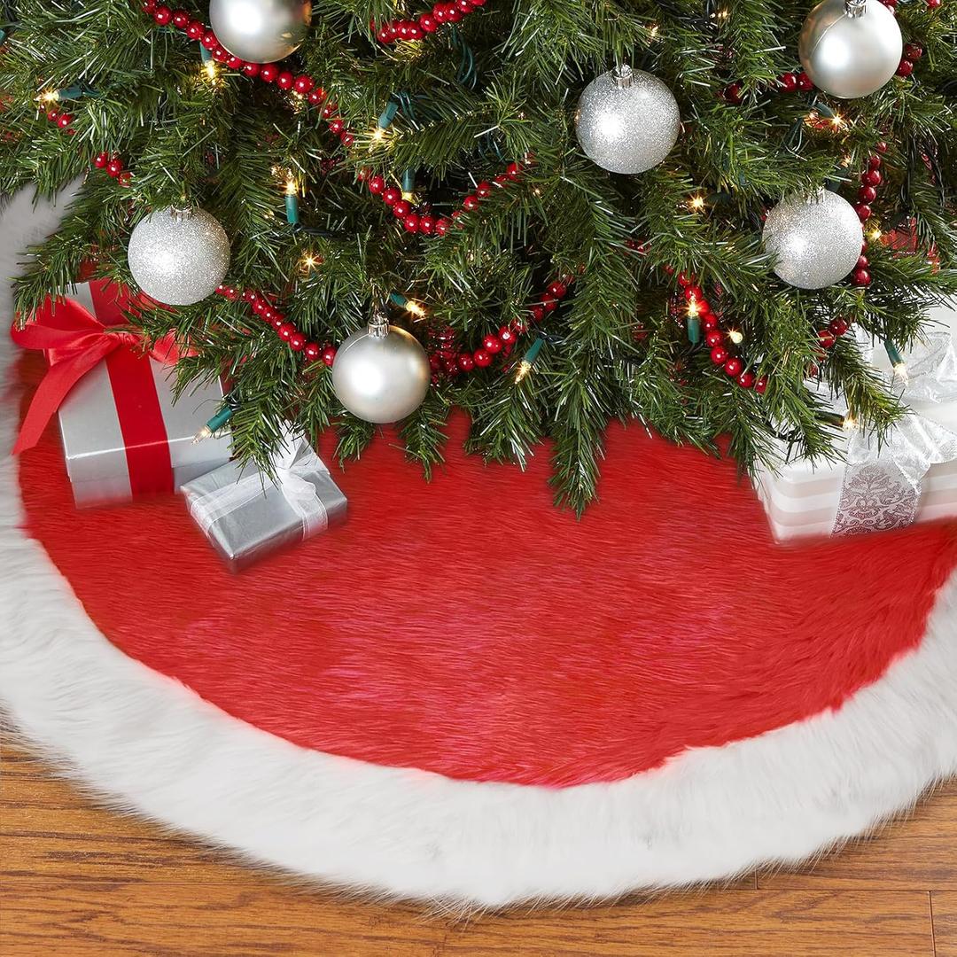 2 x 24 Inch Faux Fur Christmas Tree Skirt Soft Plush Tree Mat Thick Red Velvet and White Plush Tree Skirts Christmas Decorations Fluffy Tree Skirts Xmas Holiday Party Indoor Decorations, Red
