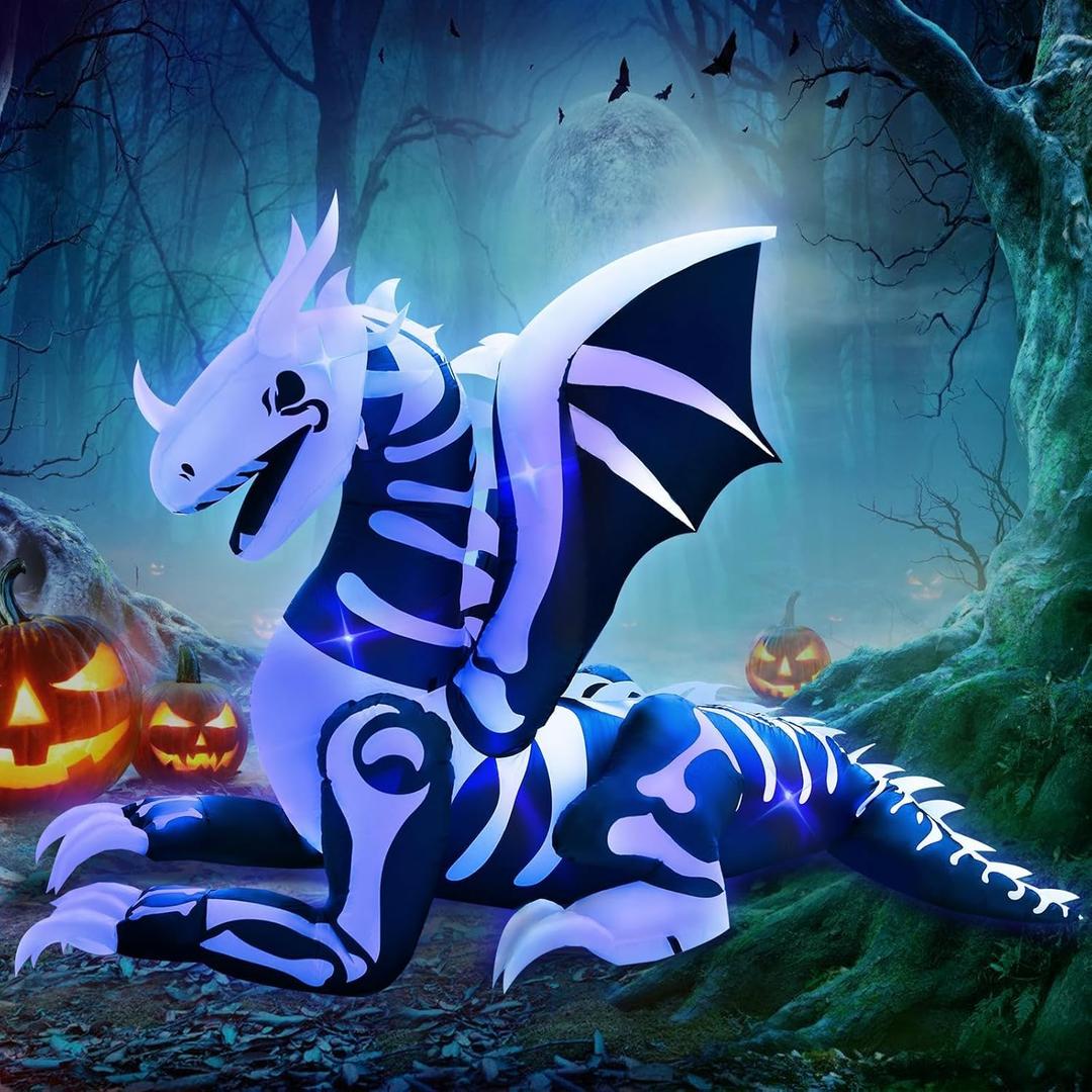 8FT Length Halloween Inflatable Dragon Skeleton, Blow Up Halloween Inflatables Dragon Built-in 6 Spooky Blue Led Lights for Halloween Inflatable Outdoor Indoor Yard Lawn Decoration