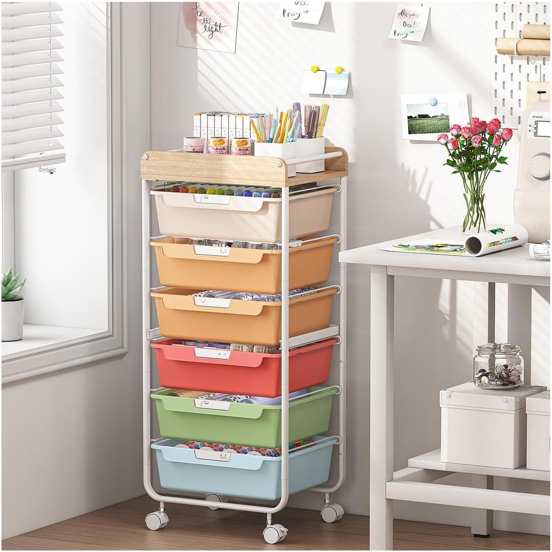 SYKIARIOL Rolling Cart with 6 Drawers,Utility Storage Cart with Drawers,Art Craft Organizers and Storage,Makeup Organizer with Wooden Tabletop,Rainbow