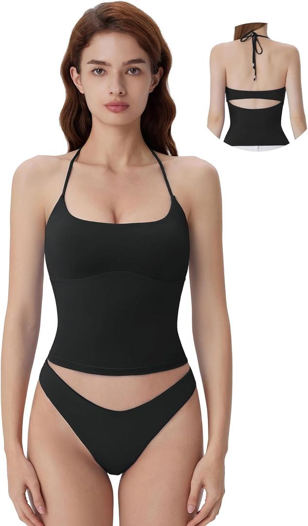 SUUKSESS Halter Tops for Women Tank Tops with Built in Bras Double Lined Open Back Y2K Going Out Camisole (Small, Black)