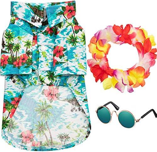 3 Pieces Small Dog Hawaiian Costume Puppy Halloween Cool T-Shirts Summer Clothes with Retro Sunglasses and Colorful Wreath Hawaiian Shirts Costume for Dogs Pet(Green Series) S/M