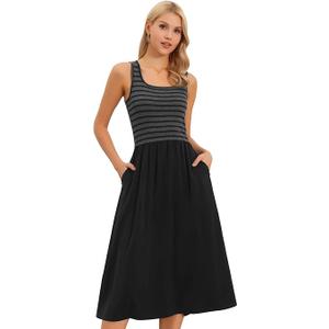 Allegra K Casual Dress for Women's Summer Striped Patchwork Square Neck Sleeveless A-Line Midi Dress, Large