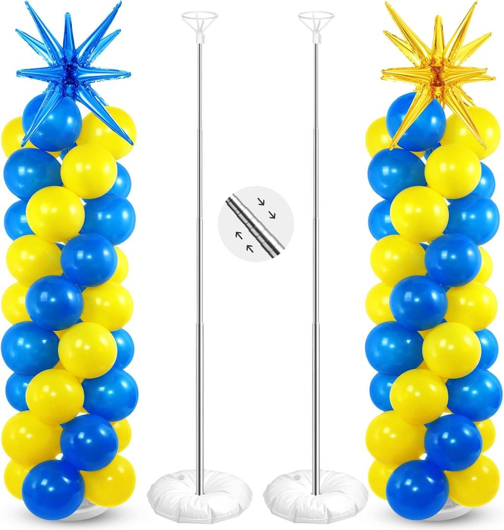 Sosation 2 Set Blue Yellow Toy Inspired Cartoon Hedgehog Balloon Column Stand Kit with 2 Star Foil Balloons 120 Pcs Latex Balloon Adjustable Stands for Carnival Birthday Space Party Decorations