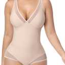 Womens Shapewear Deep V Neck Bodysuit Tummy Control Slimming Faja Body Shaper Mesh Sheer Outing Outfits (Medium, Tan)