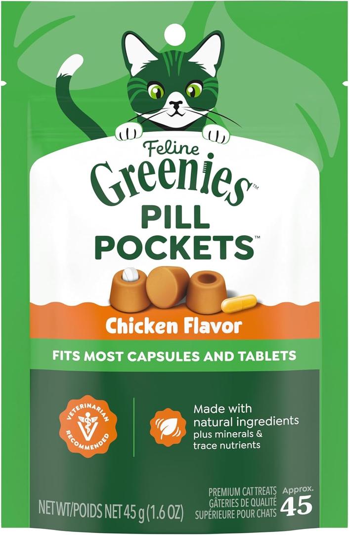 Greenies Feline Pill Pockets for Cats Natural Soft Cat Treats, Chicken Flavor, 1.6 oz. Pouch (45 Treats) (EXP 08/03/26)