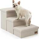Dog Stairs with Storage, 3-Step Wider Sturdy Dog Steps for Small/Medium/Large Dogs and Older Cats, Folding Doggie Ramp for Bed/Couch/Car Hold Up to 180 lbs (16.7" H, Beige)