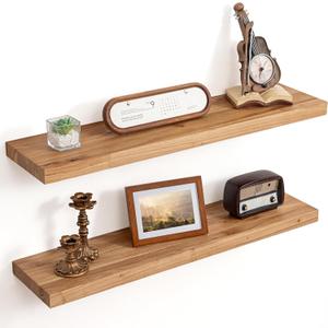 Floating Shelves for Wall, 8" Deep Elm Wood Shelves, 32in Set of 2, Natural, Flat Edge, 32inch, 2Packs