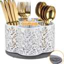 360 Degree Rotating Utensil Caddy Silverware Cutlery Caddy Holder with 5 Compartment Kitchen Countertop Organizer for Spoon Fork Flatware Storage for Home or Outdoor Picnic Camping (White)
