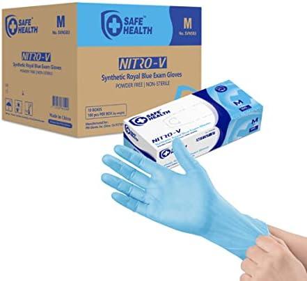 Safe Health NITRO-V Nitrile-Vinyl Synthetic Exam Disposable Gloves, Latex Free, Powder Free, Blue, Case of 1000, Medium, Medical Grade, Clinic, Nursing, Food, Hair Salon, Cleaning, Housework