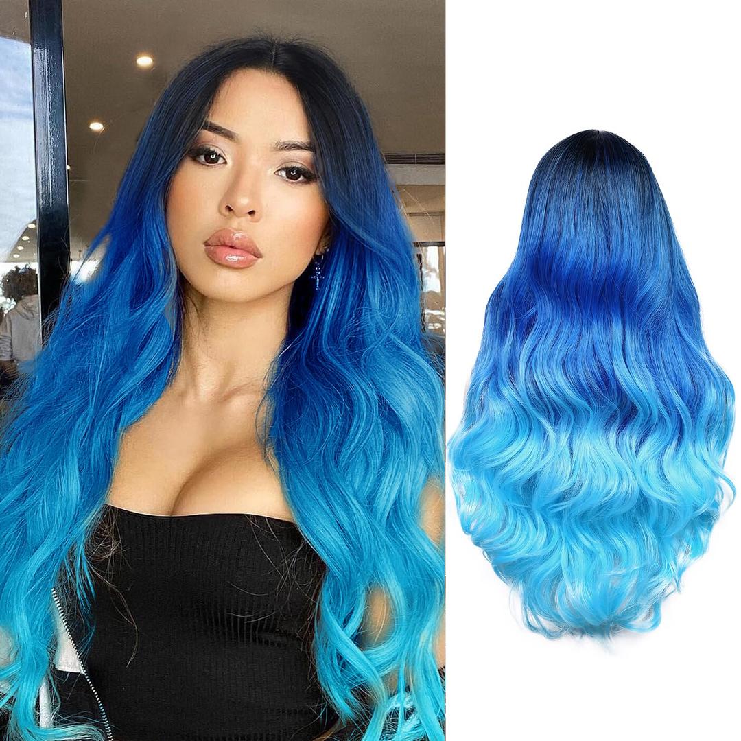 WIGER Long Blue Wavy Wigs for Women Ombre Blue Body Wave Mermaid Hair Wigs Long Curly Synthetic Hair for Daily or Cosplay
