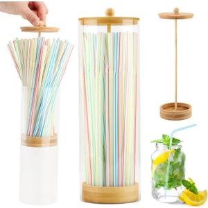 Straws Holder Dispenser with Bamboo Lid, 10 Inch Acrylic Drinking Straw Dispenser Includes 100 Colorful Straws Transparent Straw Storage Container for Kitchen,Pencils and Cutlery