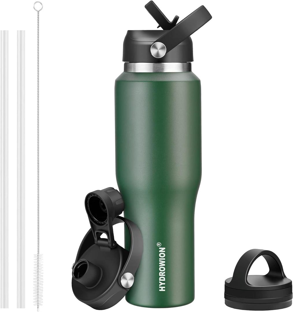 40 oz Insulated Water Bottle with Straw fit in Car Cup Holder(Cold 48 hrs, Hot 24 hrs) Drinking Bottle with Straw Lid, Spout Lid and Flex Cap Leakproof Travel Thermo MugOlive