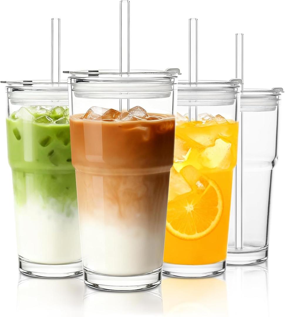 INSETLAN 20oz Glass Tumbler with Glass Straw and Lid, Set of 4 - Thickened Ice Coffee Cup, Glass Cup with Lid and Straw for Smoothie, Tea, Milk, Whiskey, Water and More  Elegant & Durable