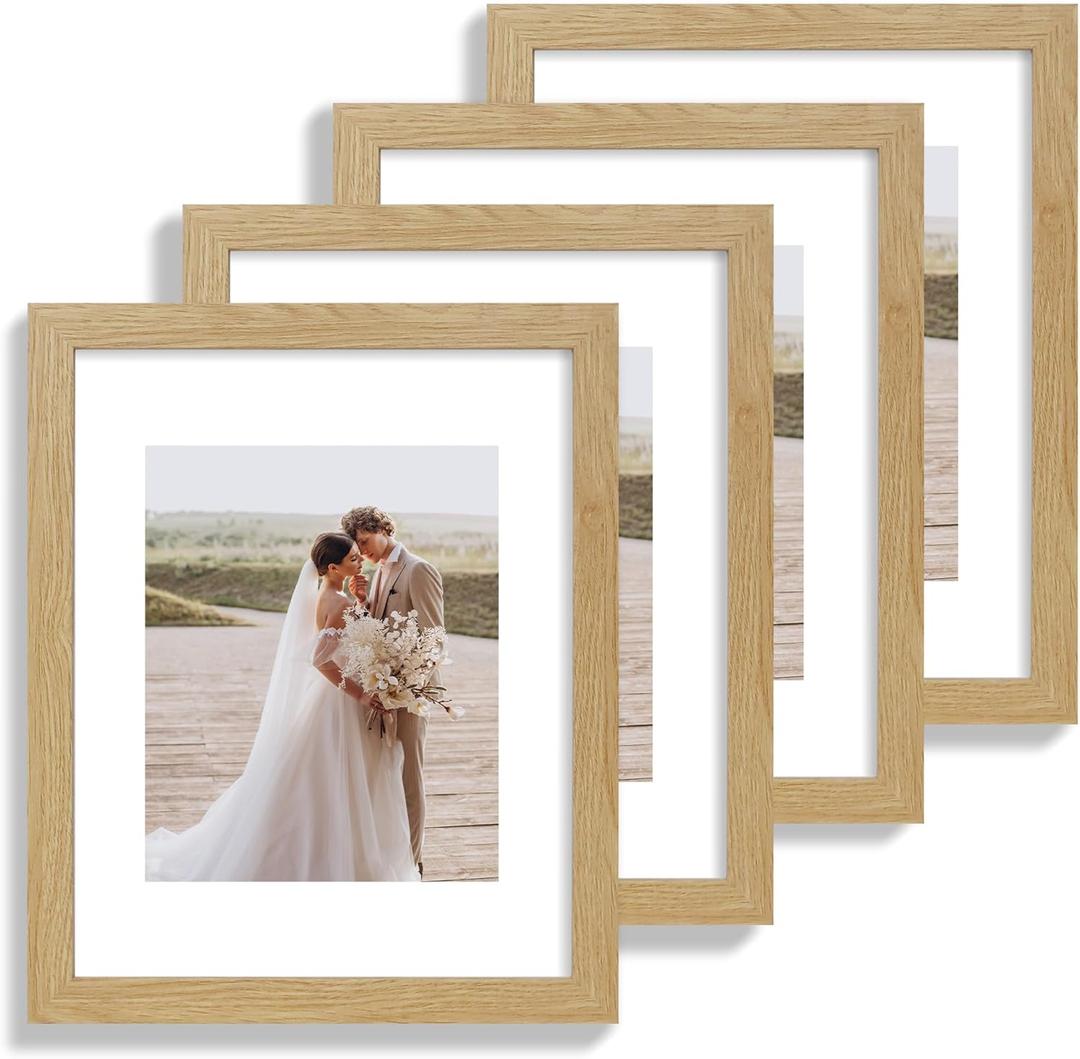 11x14 Picture Frame Set of 4, Made of Glass and Natural Oak Wooden Frame, Display 8x10 Pictures with Mat or 11 x 14 Posters without Mat for Wall Mounting, Gallery Photo Frames