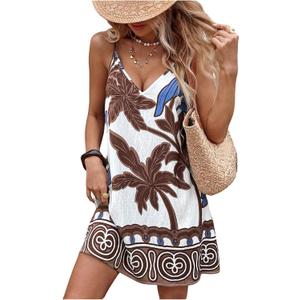 SOLY HUX Women's Summer Boho Printed Mini Dress V Neck Spaghetti Strap Flowy Vacation Cami Dresses Sundress, Size Medium