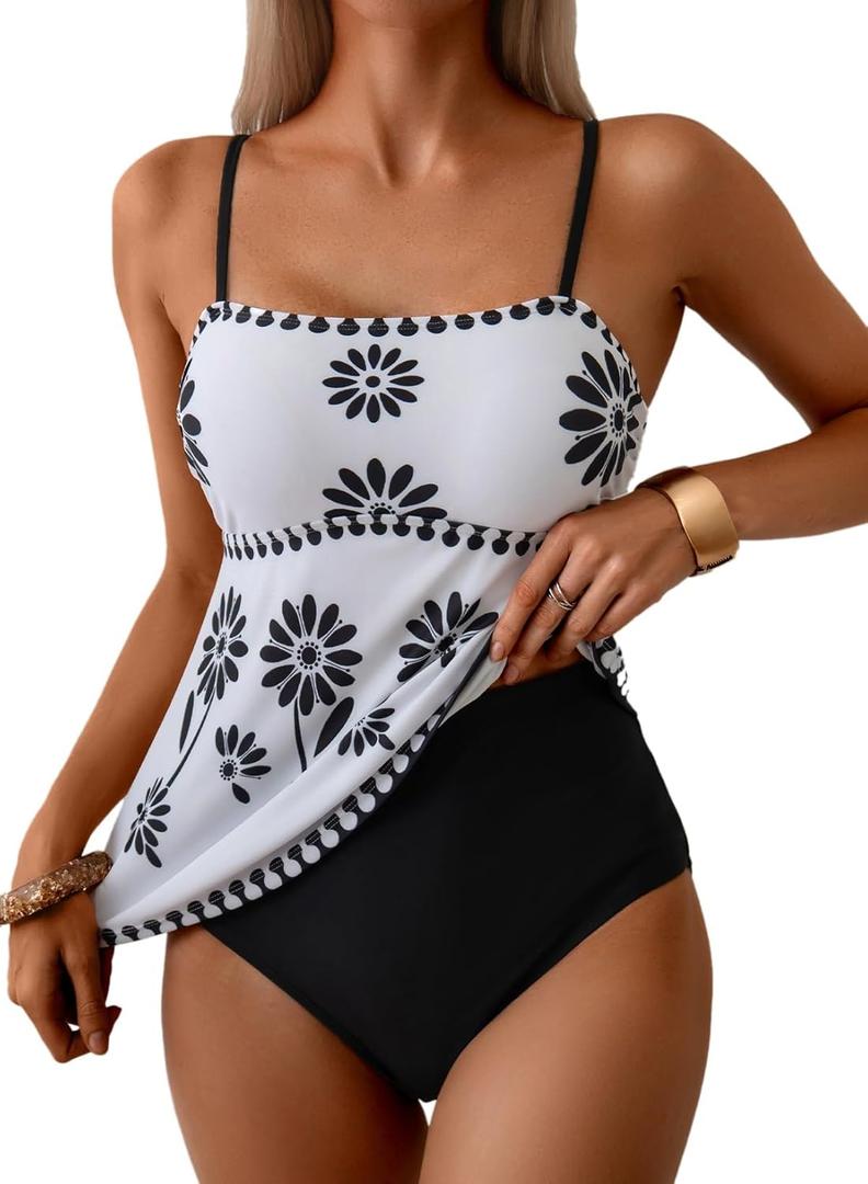 Dokotoo Women's Boho Floral Tankini Set Tummy Control Two Piece Swimsuits Flowy Vintage Beachwear (Large, Black)