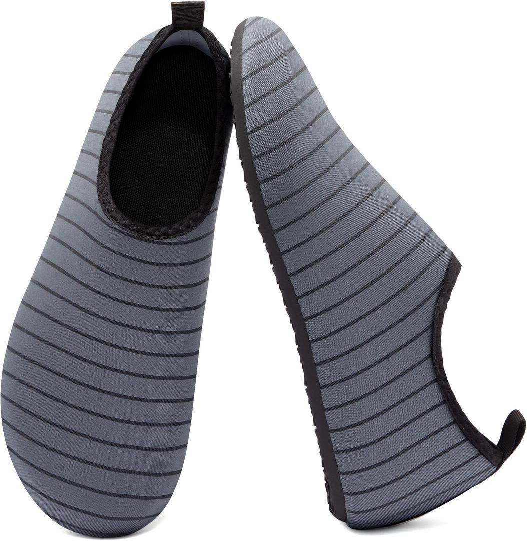 Metog Men Women Water Shoes Quick-Dry Aqua Socks Barefoot Slip-on for Beach Swim Sport Surf Yoga Exercise (7-8 Women/6-7 Men, Gray Stripe)