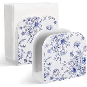 Threehoney 2 Pcs Wood Napkin Holder Blue and White Chinoiserie Wooden Standing Dispenser Napkin Holder for Table Wedding Kitchen Birthday Party Dining Room