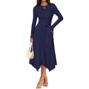 ZESICA Women's 2025 Spring Long Sleeve Crewneck Ribbed Knit High Waist Midi Sweater Dresses with Belt (Navy)