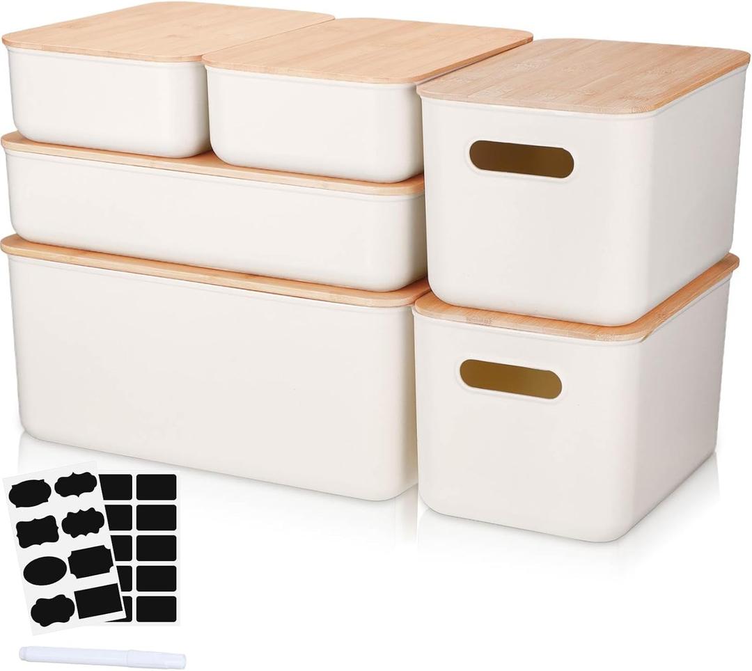Suzile 6 packs Plastic Storage Bins with Bamboo Lids Stackable Storage Containers for Organizing, with Labels and Marker Document Paper Storage(Medium Large)