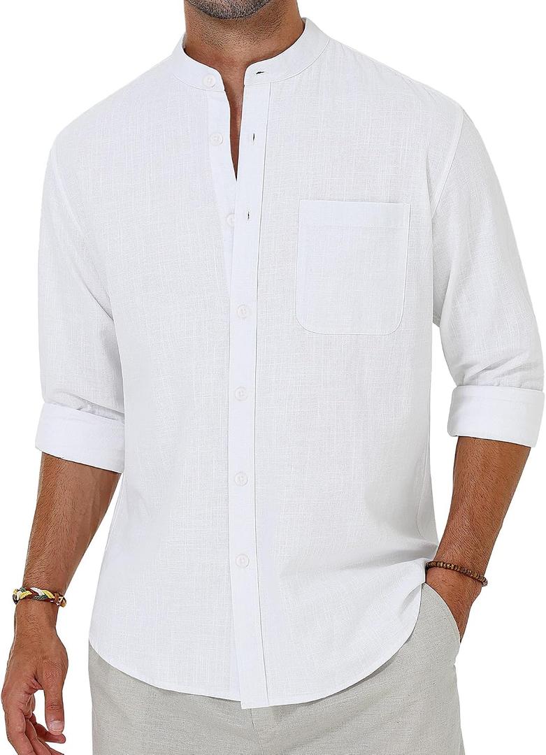 Alimens & Gentle Men's Cotton Linen Shirts Long Sleeve Button Down Shirt Band Collar Beach Shirts 3XL