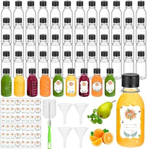 LemonRoad 50 Pcs 4 oz Small Plastic Juice Bottles with Black Cap Mini Reusable Clear Shot Jar with Lid Scale and Label for Ginger Liquid Drink Milk Beer Coffee Storage Container Portable Travel