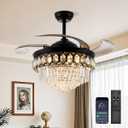42 Black Chandelier Ceiling Fan with Light and APP/Remote Control, Retractable Fandelier Celing Fan with Light, LED Kinds of Color Dimming 6-Speed Silent Crystal Ceiling Fan for Bedroom Living Room
