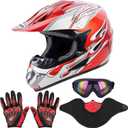 Adult Motocross Dirt Bike Helmet with Goggles, Gloves & Mask Dirt Bike ATV Helmet for Unisex-Adult Men Women Adjustable Sun Visor DOT/FMVSS-218 Off-Road Motorcycle Helmet UTV Helmet Downhill (Large, New Red Flame)