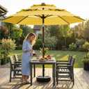 10ft 3-Tier Patio Umbrella with 32 Solar Powered LED Lights, Windproof Outdoor Market Umbrella for Deck, Poolside & Garden, Sturdy Push-Button Tilt Table Umbrella, Yellow