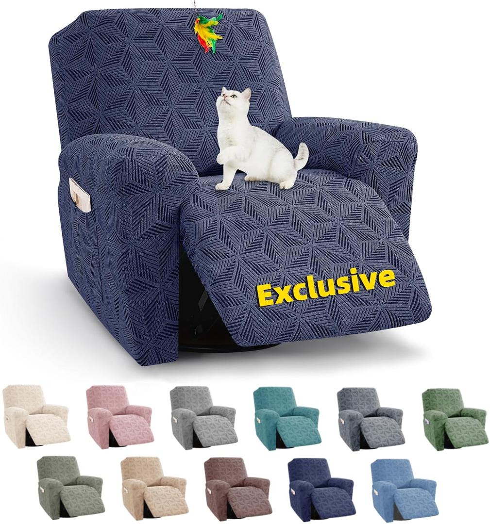 YEMYHOM Recliner Chair Cover, Stretch Recliner Slipcover for 1 Seater, Geometric Jacquard Reclining Couch Cover Furniture Protector for Pets & Kids, Navy