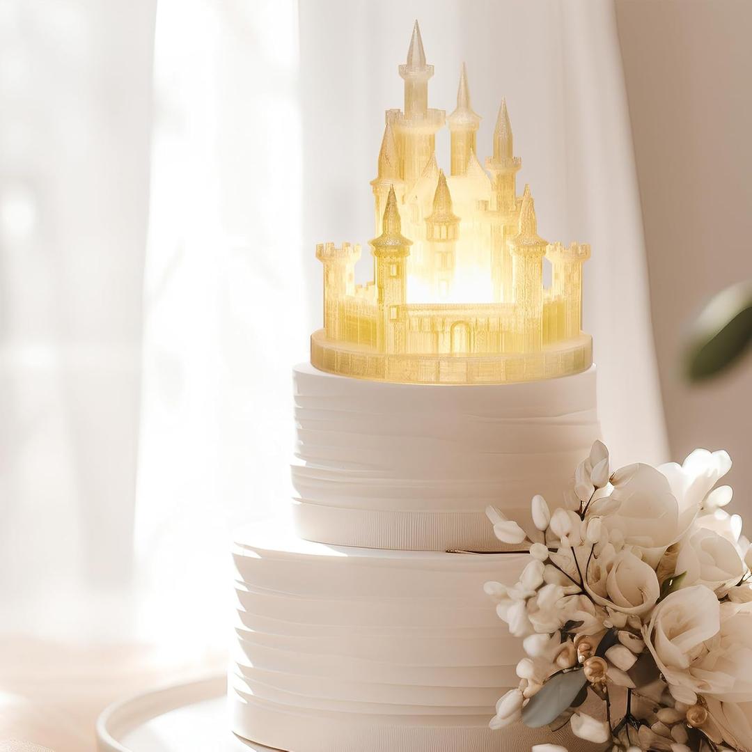 Baquler Castle Cake Topper Figurine Wedding Cake Topper Birthday Castle Night Light USB Rechargeable Princess Night Light for Wedding Birthday Party Decor(Colorful Light)
