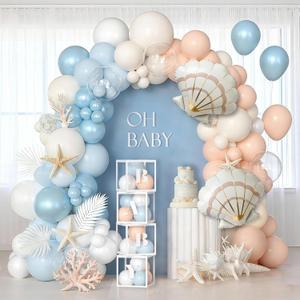 SNLN Under the Sea Baby Shower Decorations, Ocean Themed Birthday Party Decorations, Blue Pastel Orange White Balloon Arch Seashell Foil Balloon Box Sea You Soon Baby Shower Gender Reveal Decoration