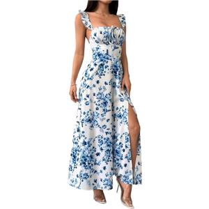 GORGLITTER Women's Floral Backless Maxi Dresses Ruffle Sleeveless Summer Cocktail Graduation Wedding Guest Sun Dresses (Blue and White) XL