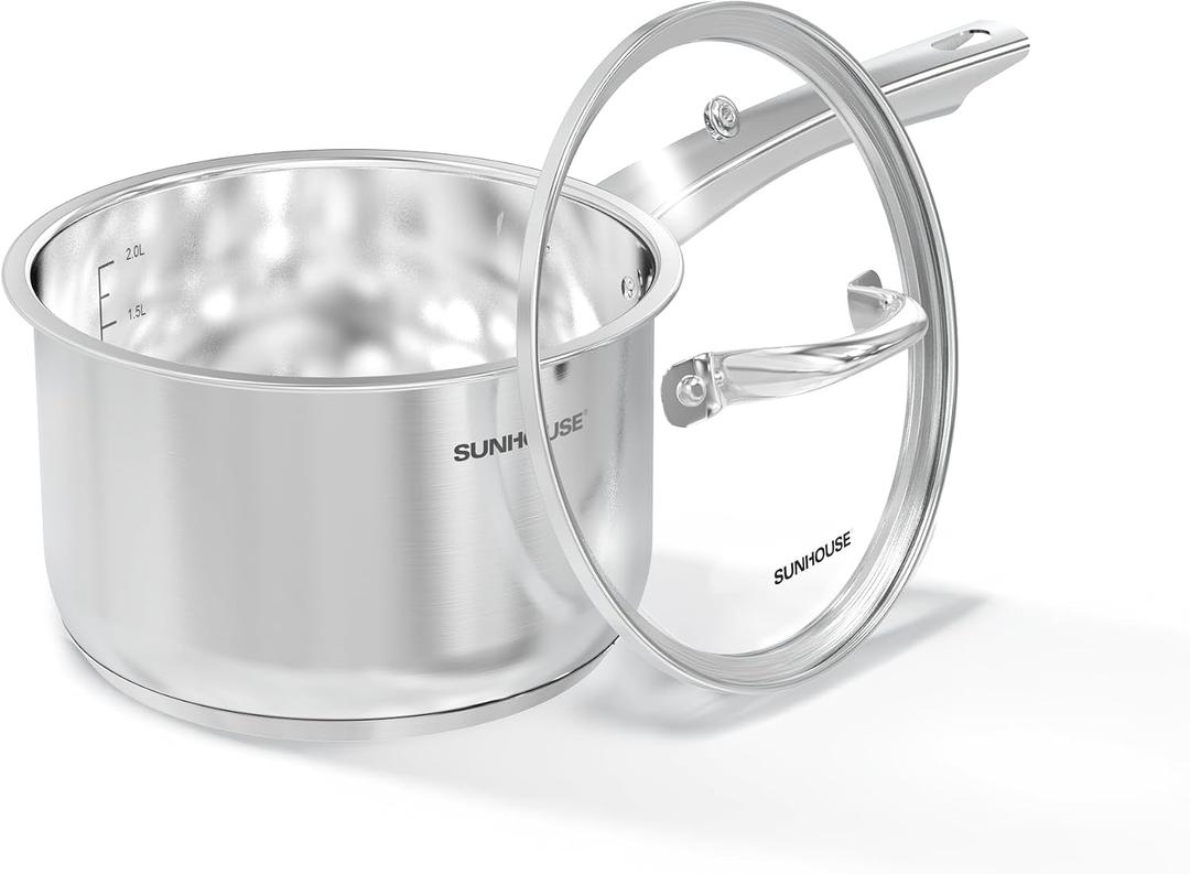 SUNHOUSE 3 Quarts Stainless Steel Sauce Pan with Lid - PFOA-Free, Stainless Steel Sauce Pan, Advanced Impact Bonding Induction Base, Stay-Cool Handle, Compatible with All Cooktops