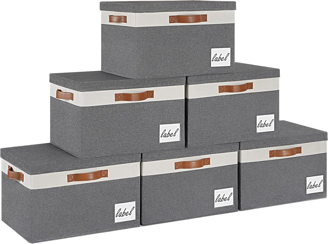 GhvyenntteS 6 Pack Fabric Storage Bins with Lid, Large Closet Storage Bins with Lid and 3 PU Handles, Foldable Fabric Storage Boxes with Label Window for Home Bedroom Office (Grey, Large)