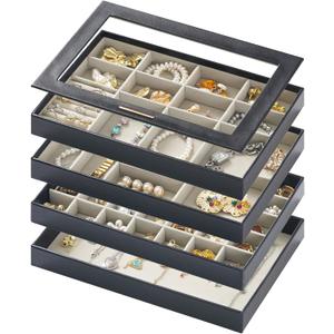 Large Jewelry Organizers and Storage Box, 4 Layers Stackable Jewelry Organizer Trays Clear Lid Cover for Drawers, Jewelry Boxes for Women, Stacker Jewelry Display Case (Black)