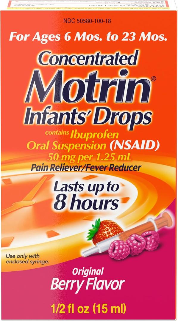 Infants' Motrin Oral Suspension Drops, Ibuprofen, Berry, 0.5 fl. oz
Concentrated Liquid Medicine, NSAID Fever Reducer & Pain Reliever for Babies, Alcohol-Free