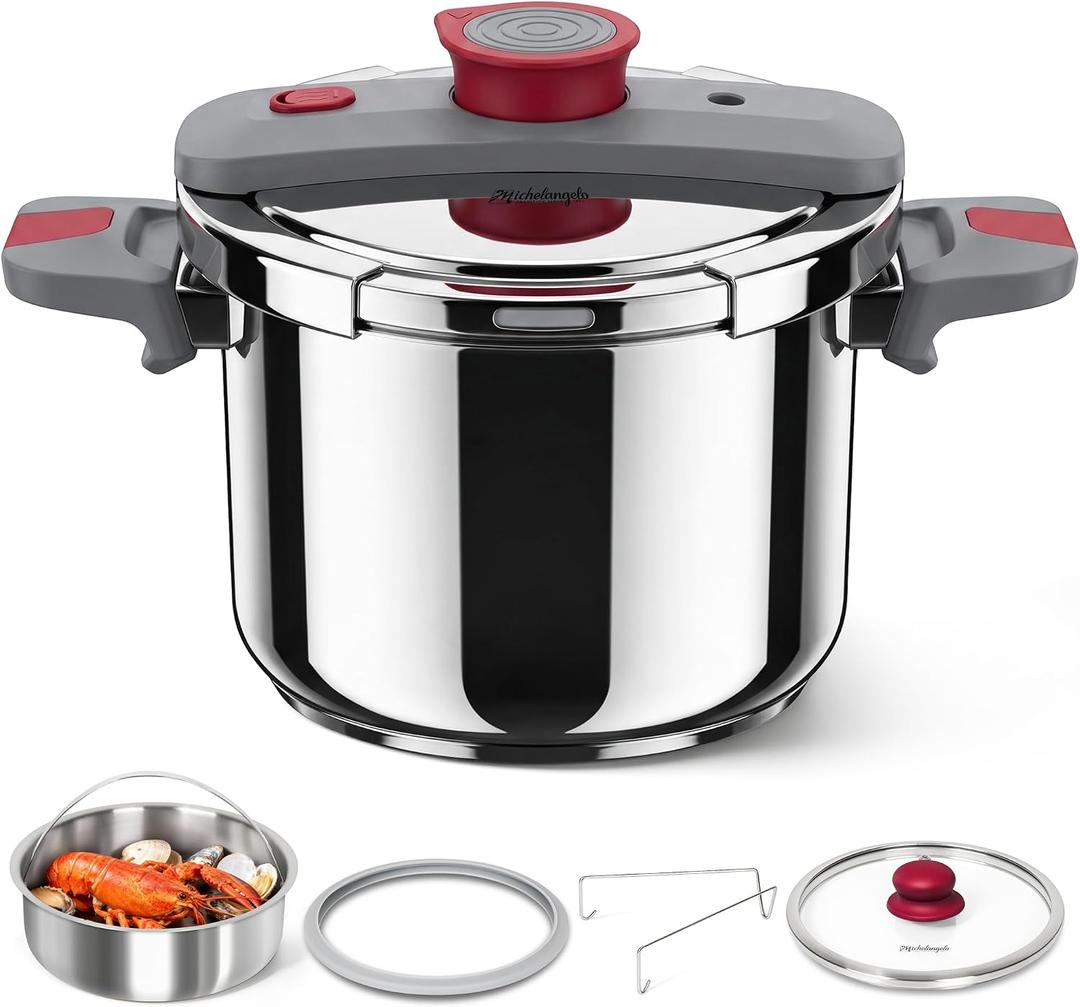 MICHELANGELO Stovetop Pressure Cooker Stainless Steel, 6.3 qt, 304 Stainless Steel, 6-Fold Safety System, One-Hand Easy-Open Lid, 2 Pressure Settings, Induction Compatible, Steamer Basket & Glass Lid