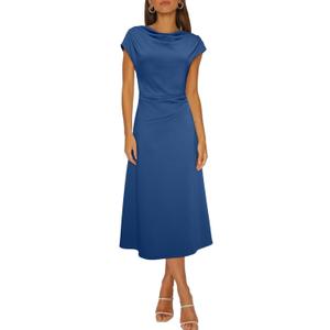 Happy Sailed Women's Spring Summer Short Sleeve Cowl Neck Ruched Waist Flowy A Line Midi Dresses Party Cocktail Dress (Small, Navy Blue)