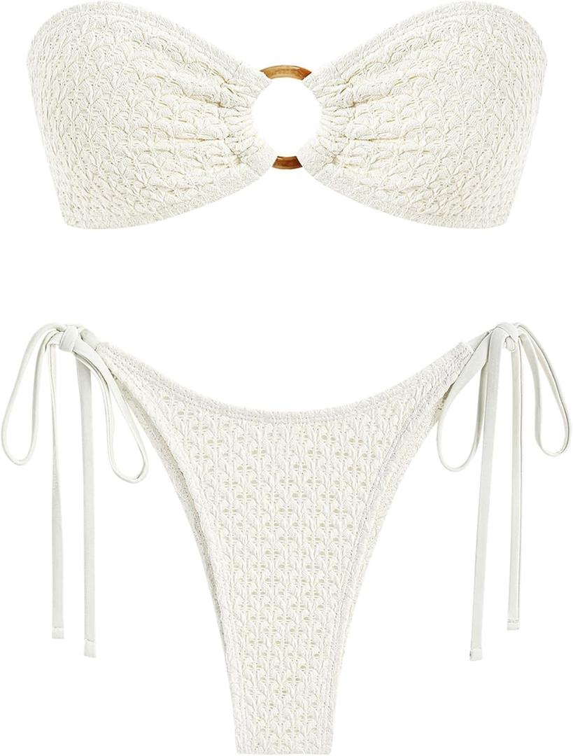 ZAFUL Women's Bandeau Bikini Strapless O Ring Lace Tie Back High Cut Two Piece Swimsuit Bathing Suits (Large, 2-Beige)