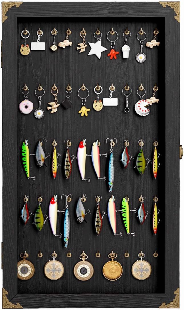 Keychain Display Case Cabinet, WallMounted Wood Organizer for Keyrings, Pocket Watches, Fishing Lures, Baits, Medals, Pins & Collectibles, for Home Office Garage Study Dcor,24.4"x14.2"x2.6"