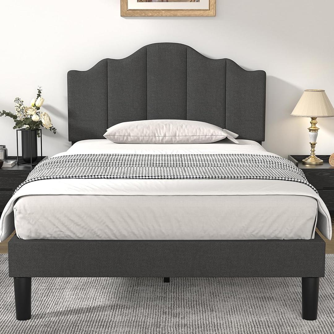 VECELO Twin Size Upholstered Platform Bed Frame with Adjustable Headboard, Wood Slat Support and Noise-Free, No Box Spring Needed, Easy Assembly, Linen Grey