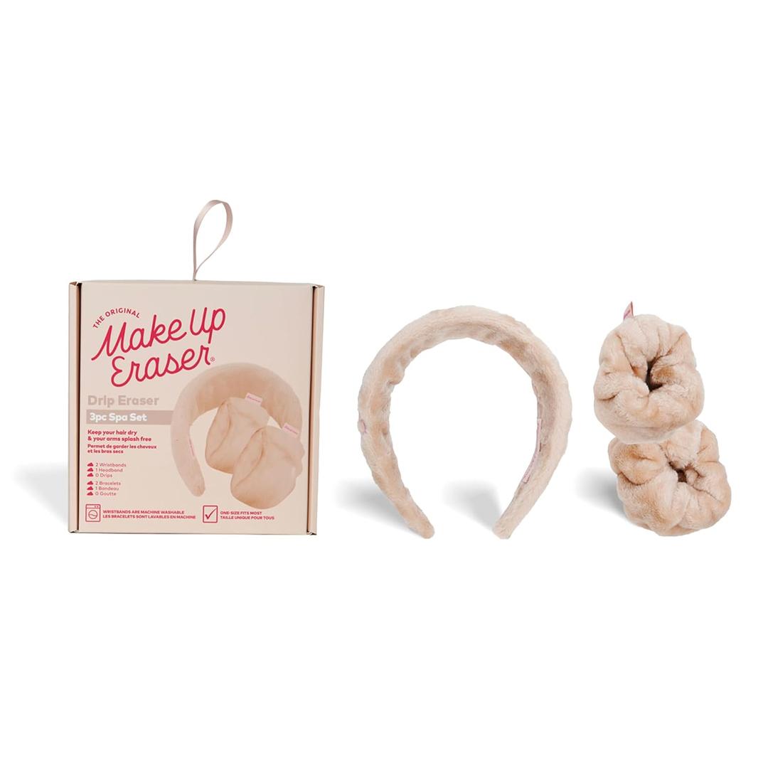 MakeUp Eraser Drip Eraser by The Original, Absorbent Headband and Wristbands Collect Water During Face Washing, 3 Piece Spa Set, One Size Fits Most (Sweet Cream)