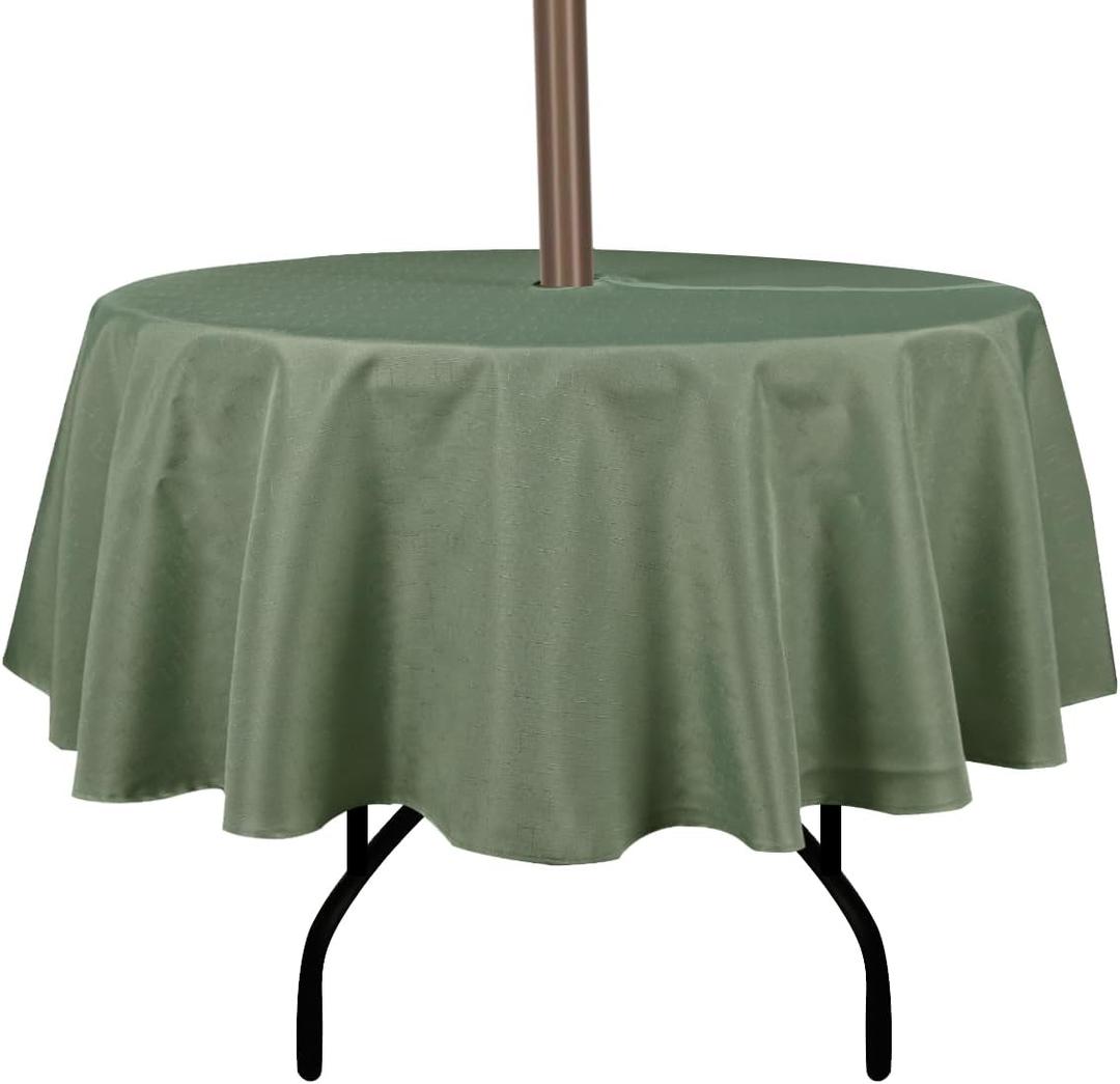 Outdoor Tablecloth Wrinkle-Free Stain Resistant Waterproof Polyester Fabric Table Cover with Zipper Umbrella Hole for Picnic/Party/Dinner/Patio Garden(60inch Round,Zippered,Sage Green)
