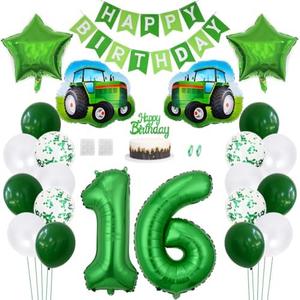 Daimay 23PCS Farm Green Tractor Birthday Decorations Tractor Party Supplies 16th Happy Birthday Banner Farm Barn Tractor Balloon Green Number Foil Balloon Cake Toppers for Girls Boys Kids Baby Shower