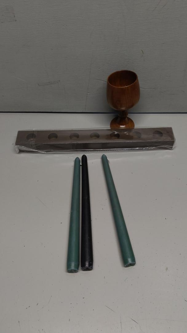 5 Pieces Kwanzaa Kinara Candles Set Flameless Battery Operated Kwanzaa LED Taper Candles with Candle Holder Wooden Wine Goblet Bamboo Table Mat for Kwanzaa Celebration Decoration