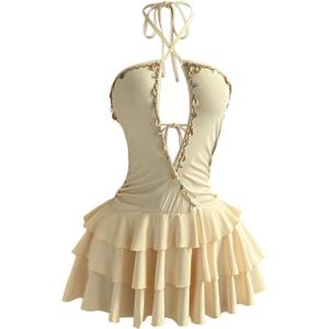 RoseSeek Women's Backless Criss Cross Mini Dress Halter V Neck Ruffle Summer Short Dresses, Size Medium